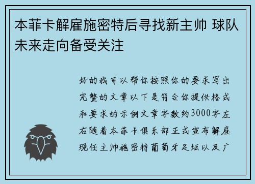 本菲卡解雇施密特后寻找新主帅 球队未来走向备受关注 本菲卡解雇施密特后寻找新主帅 球队未来走向备受关注