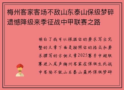 梅州客家客场不敌山东泰山保级梦碎遗憾降级来季征战中甲联赛之路 梅州客家客场不敌山东泰山保级梦碎遗憾降级来季征战中甲联赛之路