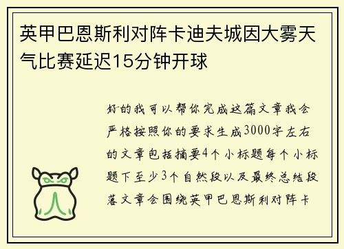 英甲巴恩斯利对阵卡迪夫城因大雾天气比赛延迟15分钟开球