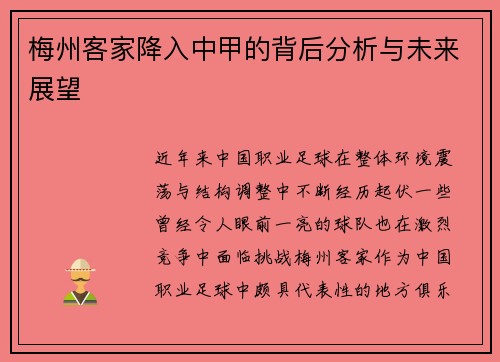 梅州客家降入中甲的背后分析与未来展望